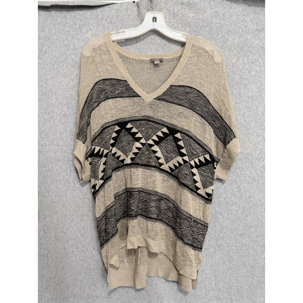 J Jill Sweater Womens M/L Beige Aztec V Neck Open Knit Oversized Dolman Top